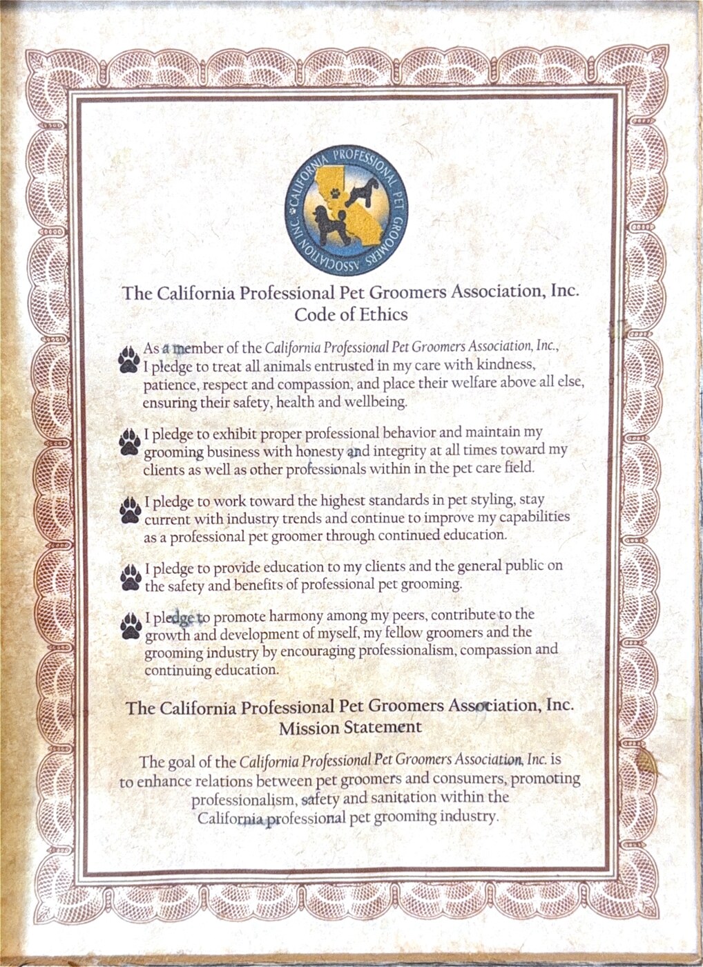 California Professional Pet Groomers Association code of ethics