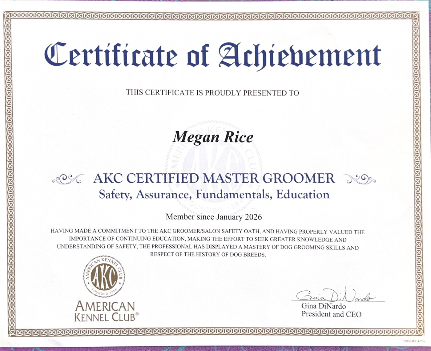 AKC Certified Master Groomer certificate for Megan Rice