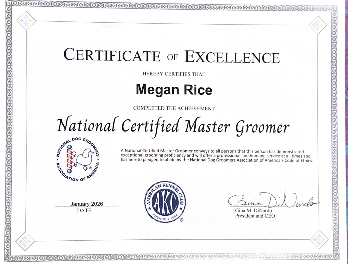 National Certified Master Groomer certificate for Megan Rice