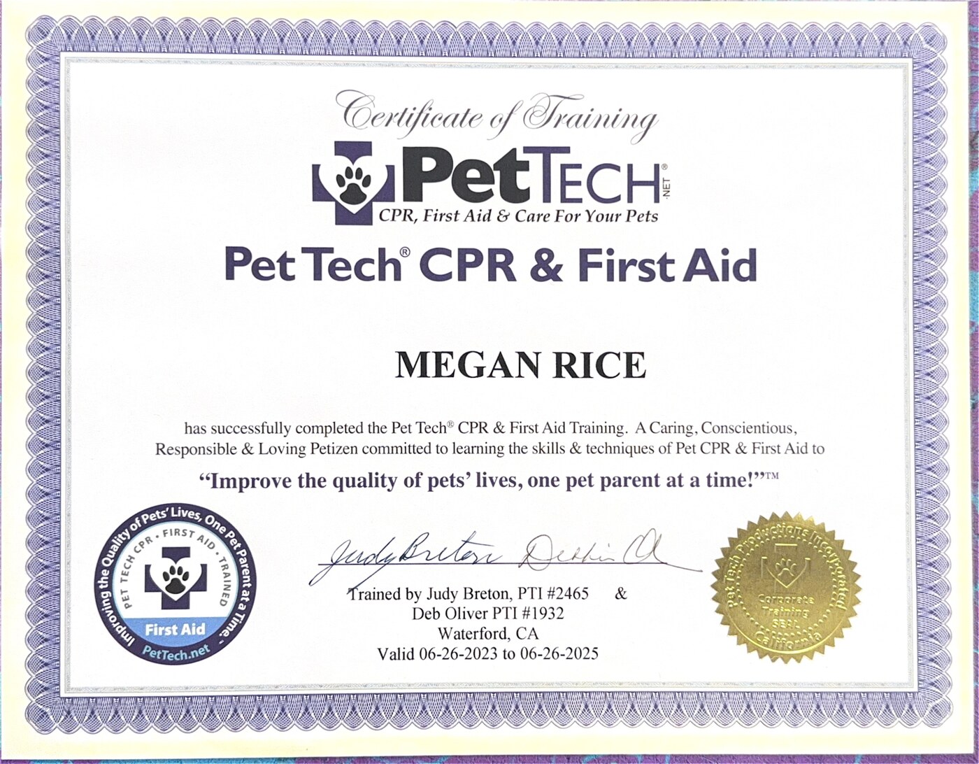 PetTech CPR and First Aid certificate for Megan Rice