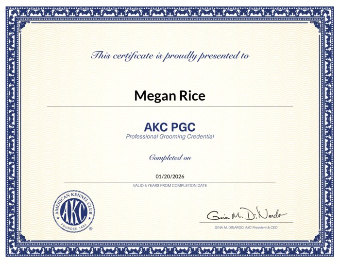 AKC Professional Grooming Credential certificate for Megan Rice
