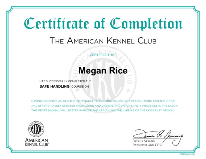 AKC Safe Handling certificate for Megan Rice