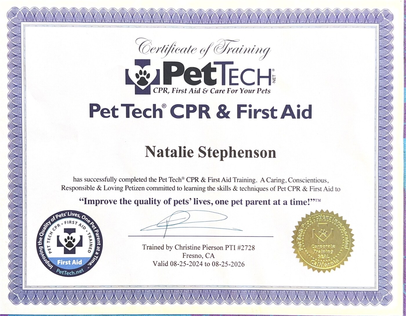 PetTech CPR and First Aid certificate for Natalie Stephenson