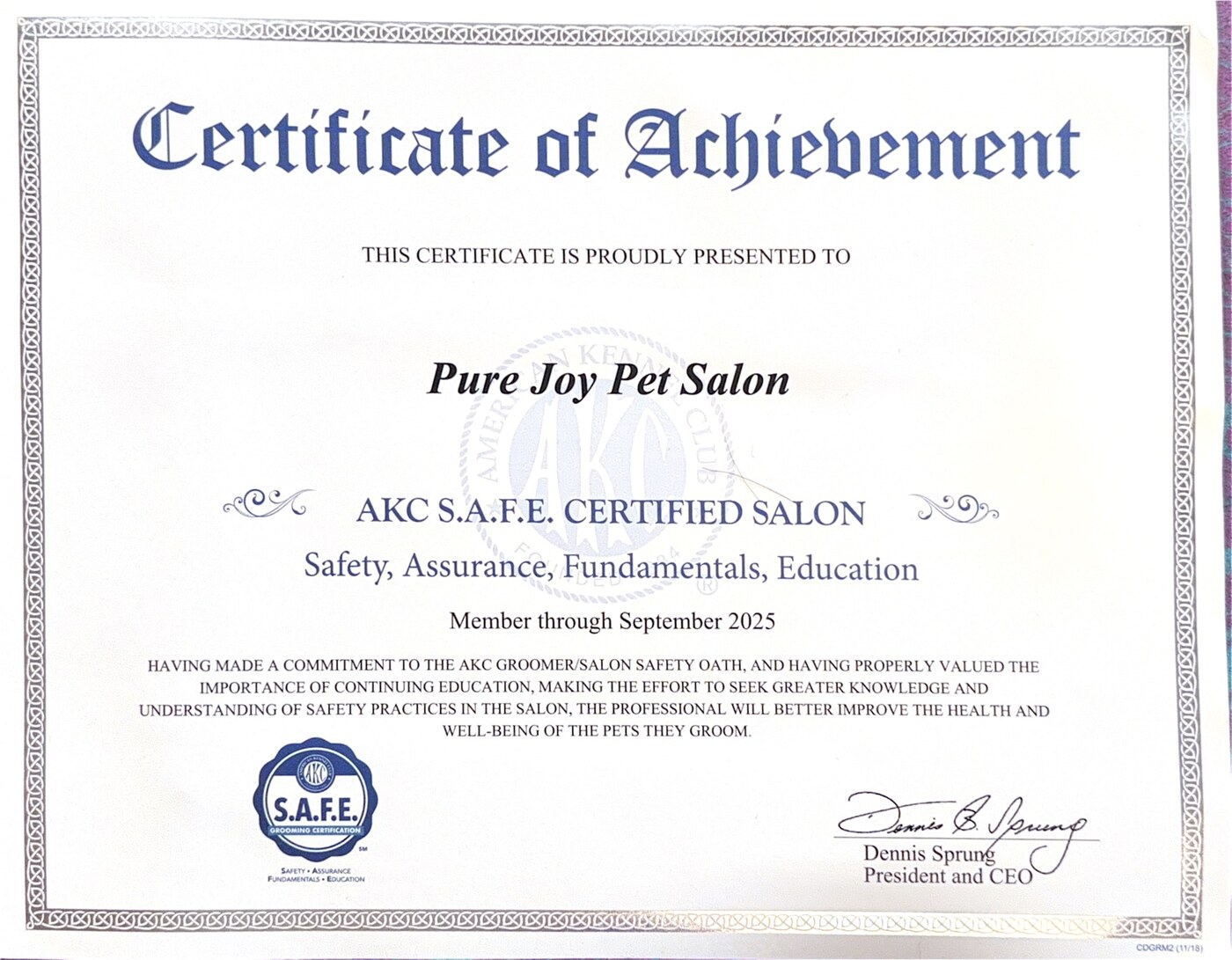 AKC SAFE Certified Salon certificate for Pure Joy Pet Salon