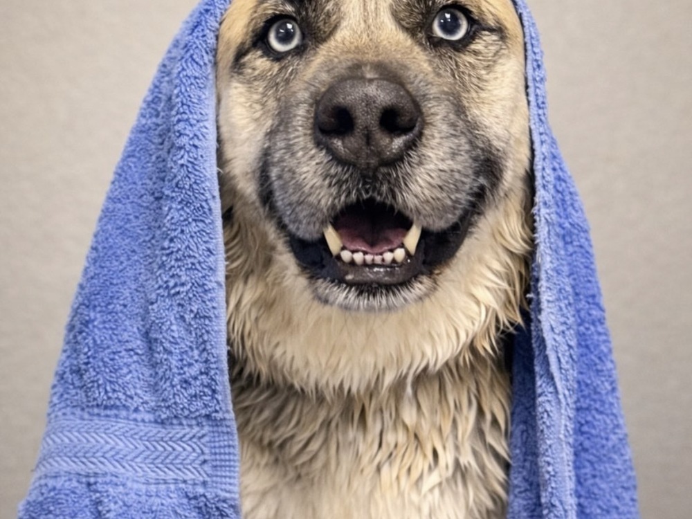 A dog wrapped in a towel after a bath at Pure Joy Pet Salon